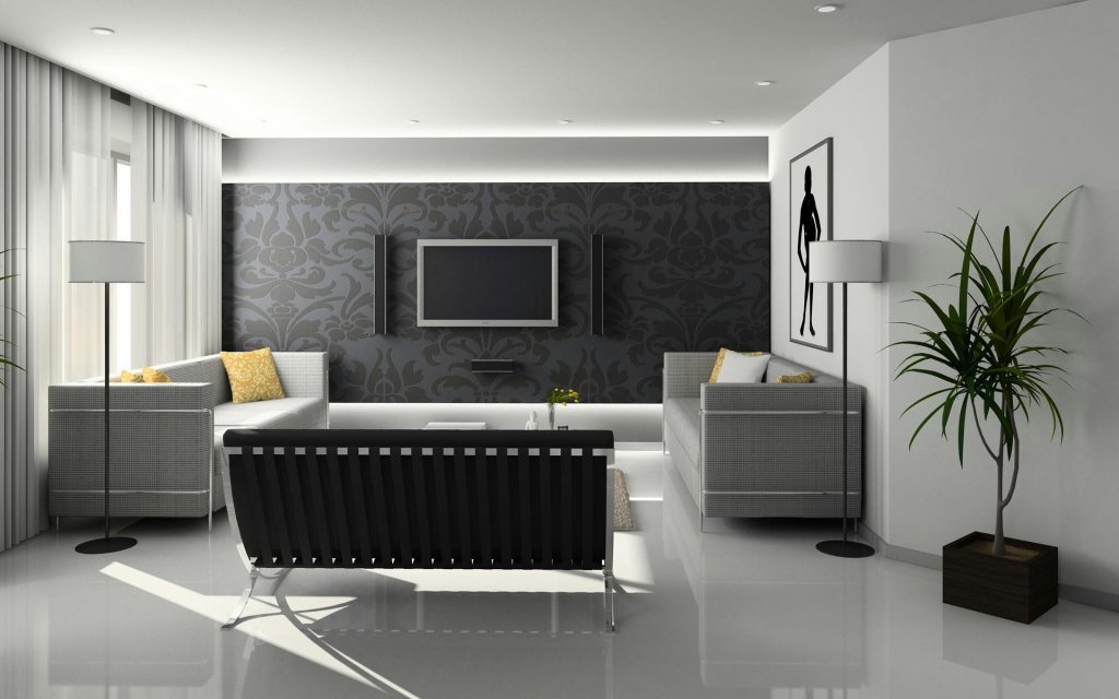 Sala de residencia con diseño contemporáneo en blanco y negro y silla Barcelona.