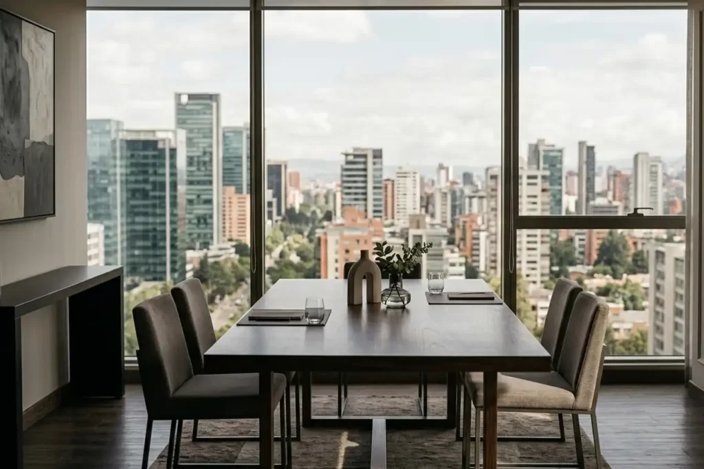 Espacio para reuniones y cenas en alojamiento para empresas y ejecutivos en Bogotá, diseñado para estancias de alto nivel.