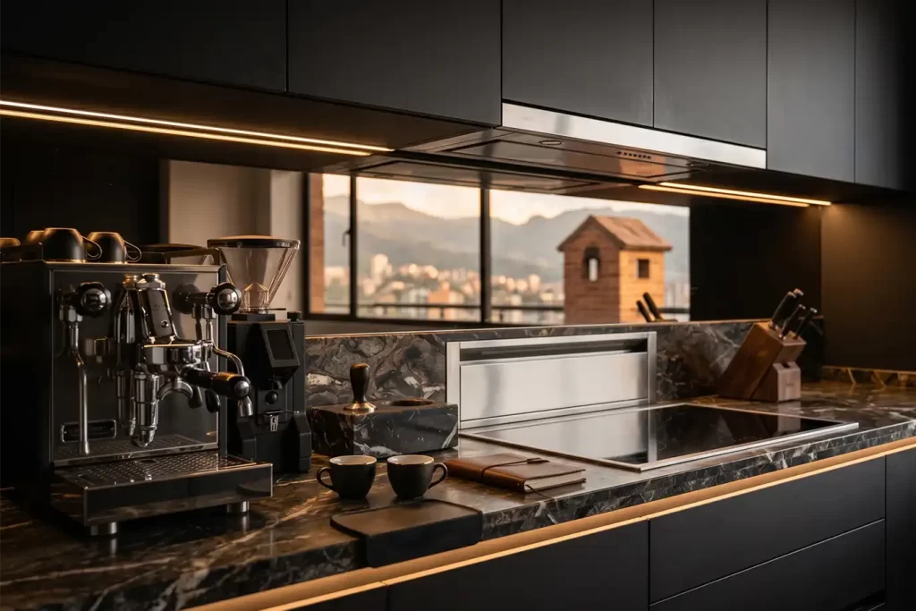 Amenidades premium en alojamiento corporativo en Bogotá: cocina integral moderna y estación de café para ejecutivos.