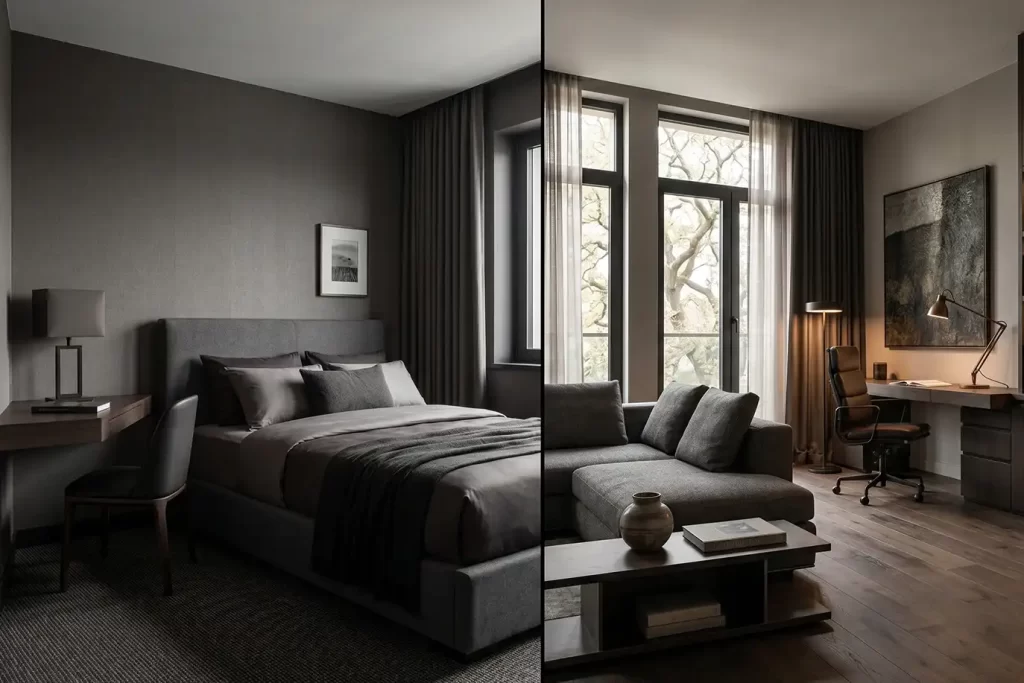 Comparativa de habitación king y zona social con oficina privada en alquileres de lujo a corto plazo en Bogotá.