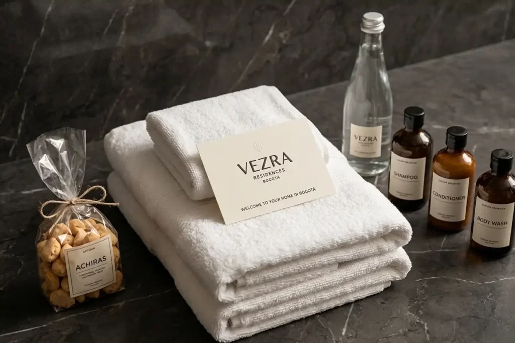 Kit de bienvenida en apartamento de lujo por noches en Bogotá con toallas blancas, achiras y tarjeta de Vezra Residences.
