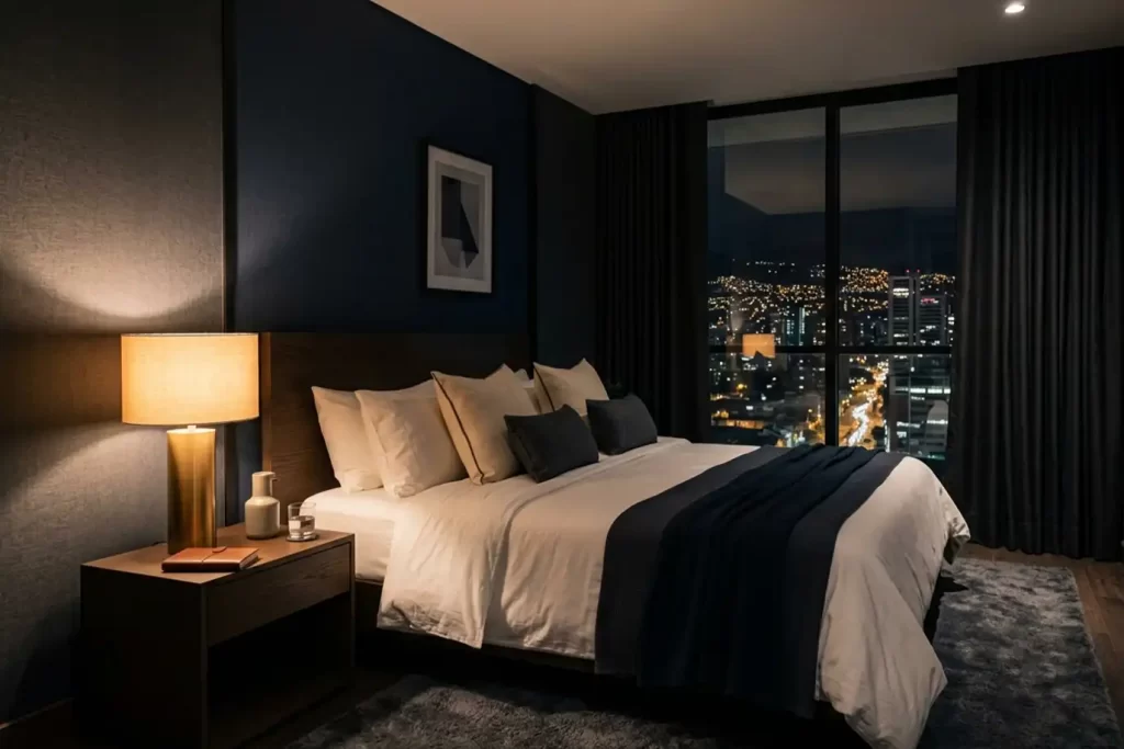 Habitación de lujo en apartamentos amoblados en Bogotá: confort y elegancia para estancias cortas y de negocios.