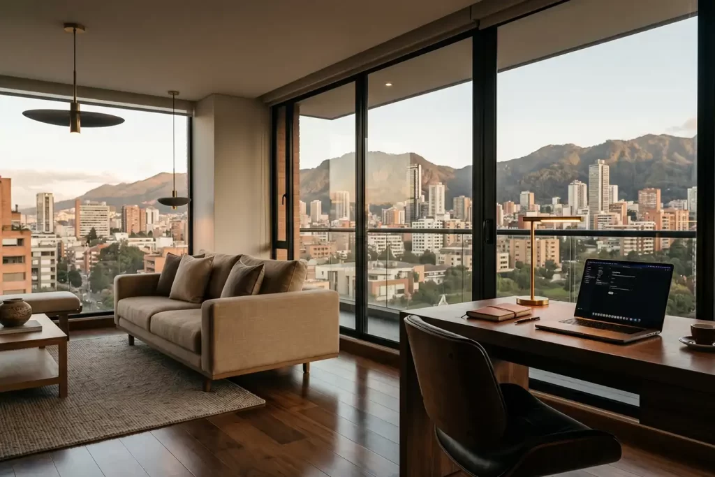 Escritorio y zona social en apartamentos ejecutivos en Bogotá, ideal para nómadas digitales y viajes corporativos.