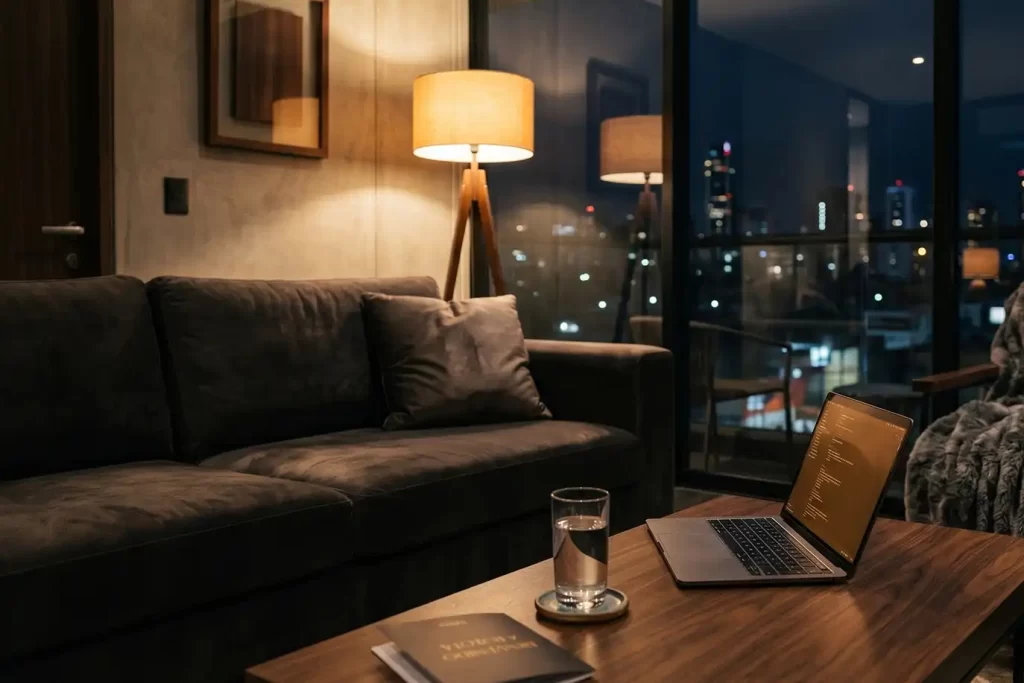 Suite de lujo con sala de estar moderna, laptop en mesa de madera y horizonte urbano iluminado de fondo.