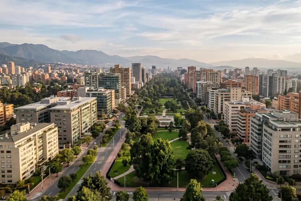 Panorámica del exclusivo sector norte, ideal para renta corta de lujo en Bogotá cerca de parques y centros de negocios.