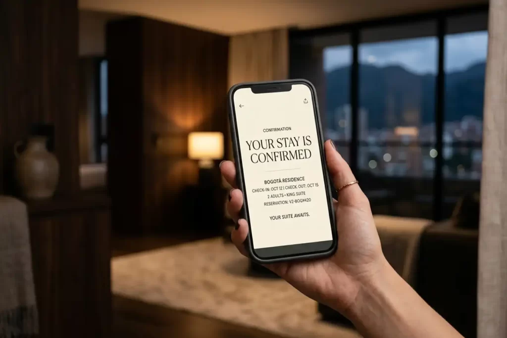 Proceso de reserva de apartamentos en Bogotá fácil y rápido: confirmación digital para una estancia premium en Vezra.