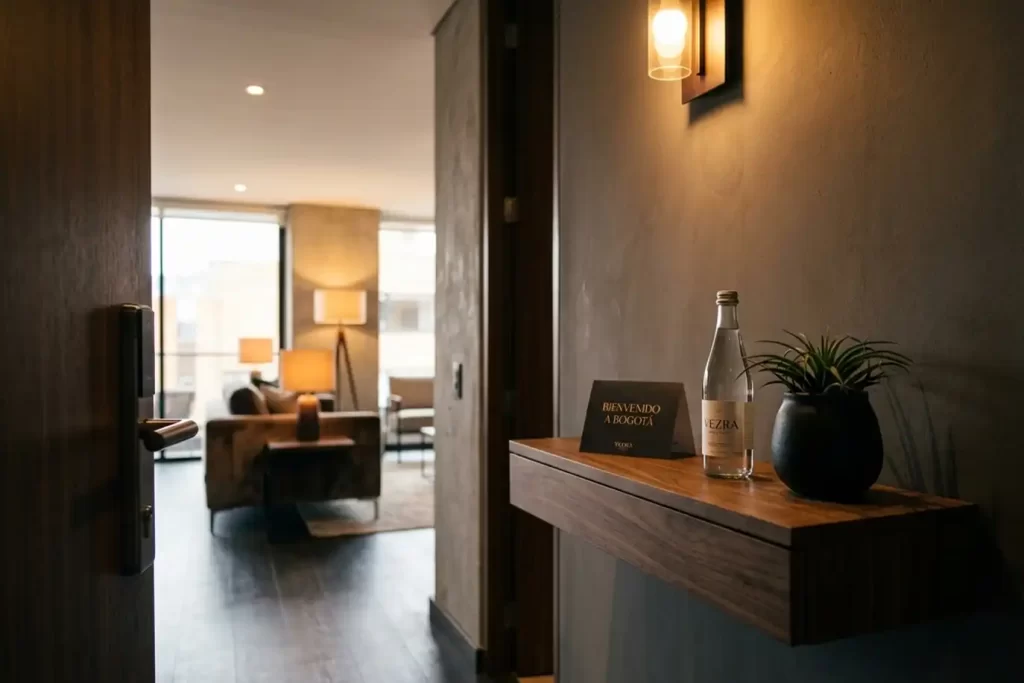 Experiencia de llegada en suite de lujo en Bogotá: detalles de bienvenida personalizados para huéspedes de Vezra.