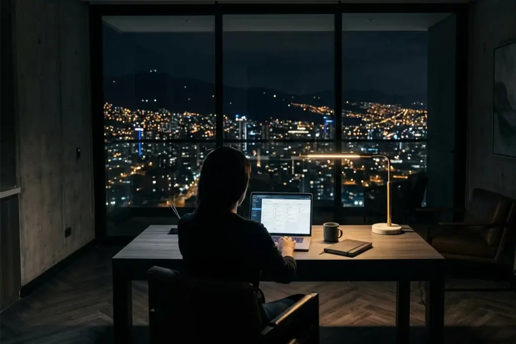 Productividad para el viajero corporativo de lujo: oficina privada con vista panorámica nocturna en Bogotá.