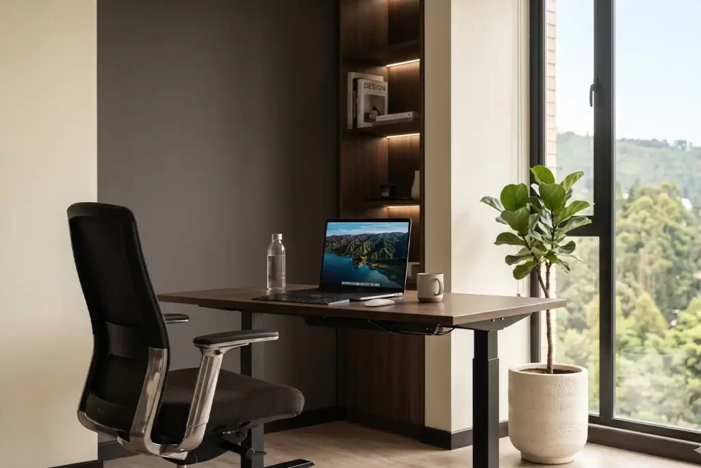 Espacio de trabajo premium para viajeros de negocios en Bogotá: oficina privada con luz natural y diseño funcional.