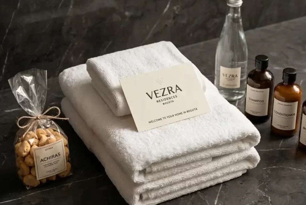 Welcome Kit VEZRA Residences Bogotá with white towels,
bathroom amenities, premium, water and achiras handmade in colombia.