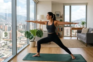 Ejecutiva practicando yoga en sala de apartamento de lujo con ventanales y vista panorámica al skyline de Bogotá durante viaje de negocios.