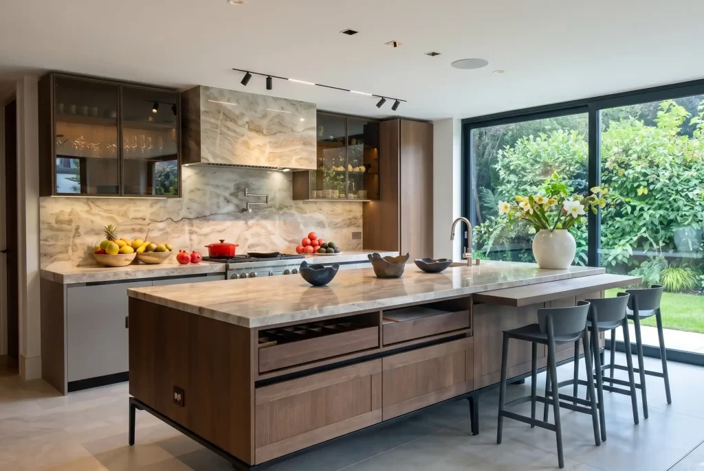 Luxury kitchen with island in marble, wood cabinets and access
to a garden apartment in executive VEZRA, designed for stays of longer duration.