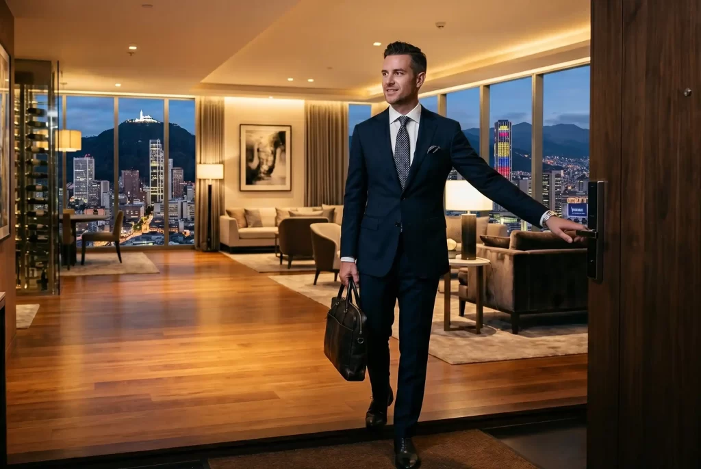 Ejecutivo con maletín ingresando a apartamento de lujo con vista nocturna al skyline de Bogotá y el cerro de Monserrate al fondo.