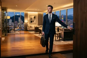 Ejecutivo con maletín ingresando a apartamento de lujo con vista nocturna al skyline de Bogotá y el cerro de Monserrate al fondo.