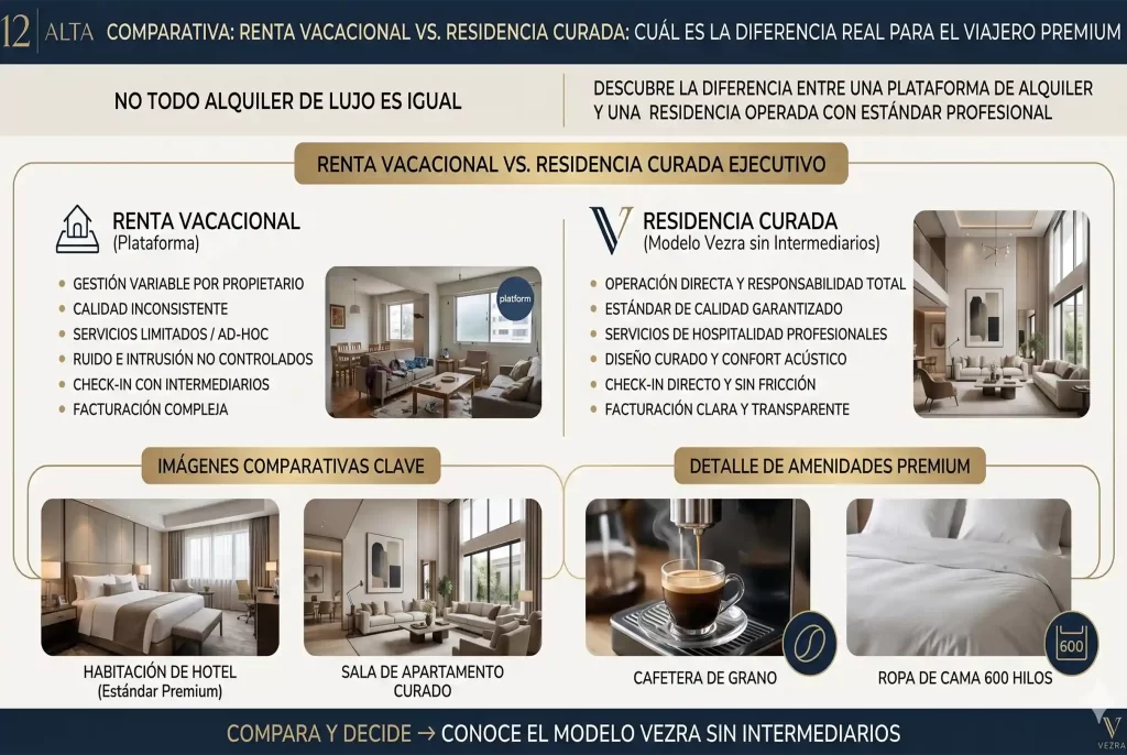 Infografía VEZRA comparando renta vacacional en plataformas vs residencia curada ejecutiva: servicios, calidad y amenidades premium.