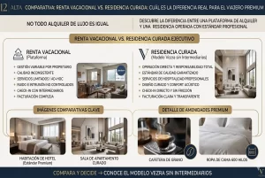 Infografía VEZRA comparando renta vacacional en plataformas vs residencia curada ejecutiva: servicios, calidad y amenidades premium.