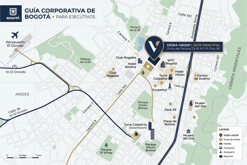 Map corporate Bogota to executives with the headquarters
of VEZRA Group at Park Tower, areas of interest and route from El Dorado.