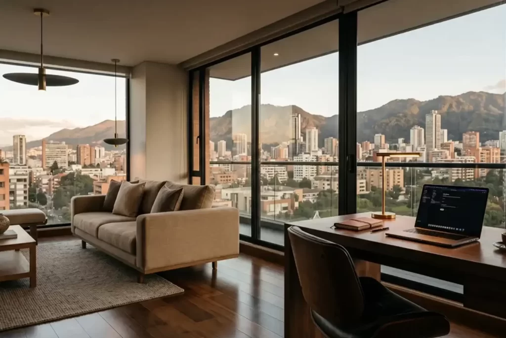 Sala con escritorio ejecutivo y ventanales de piso a techo con vista panorámica al skyline de Bogotá y los cerros orientales al atardecer.