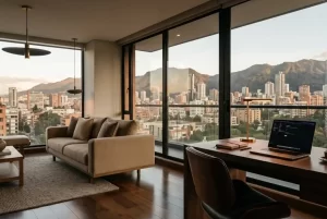 Sala con escritorio ejecutivo y ventanales de piso a techo con vista panorámica al skyline de Bogotá y los cerros orientales al atardecer.