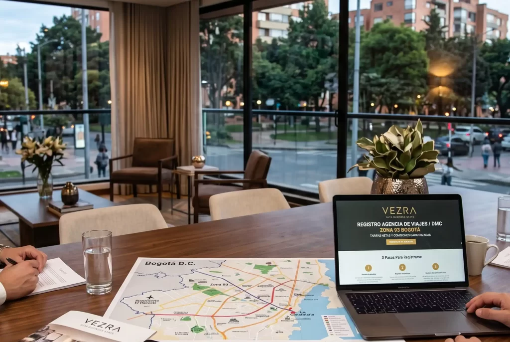 Laptop with portal registration VEZRA for agencies DMC and map of Area 93 Bogota, net fees and commissions guaranteed.