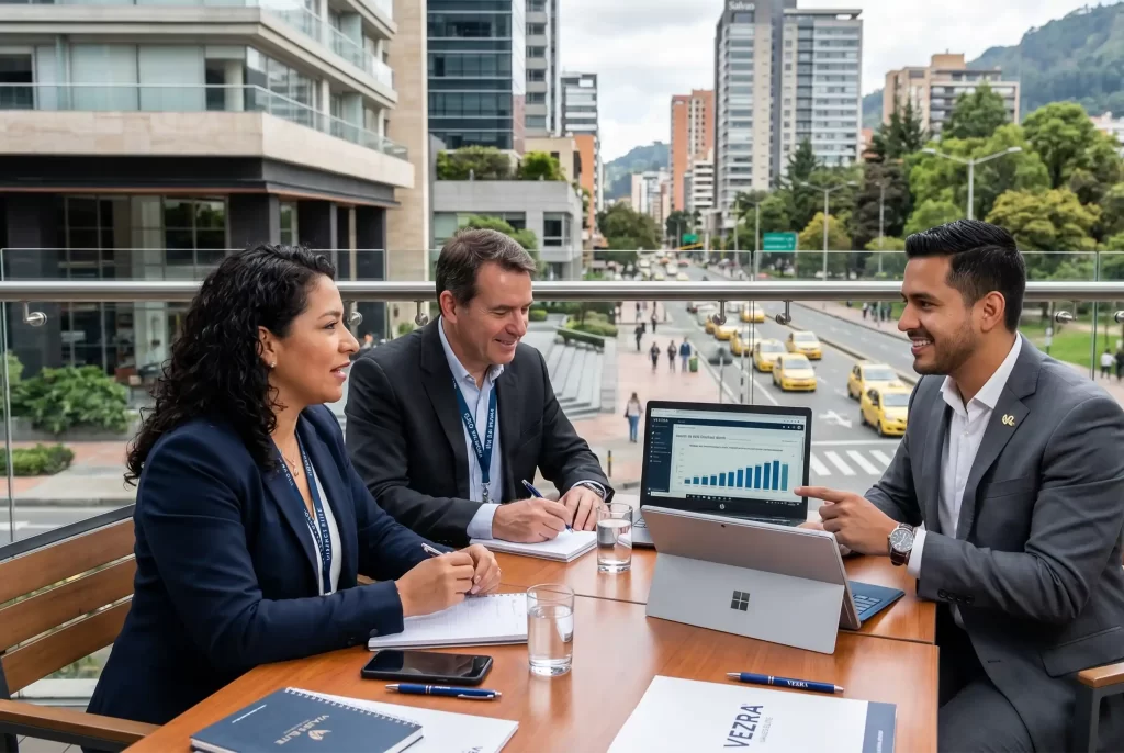 Equipo VEZRA en reunión con agencias de viajes y DMC en terraza con vista a Bogotá, alianzas corporativas