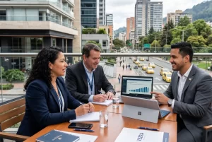 Equipo VEZRA en reunión con agencias de viajes y DMC en terraza con vista a Bogotá, alianzas corporativas