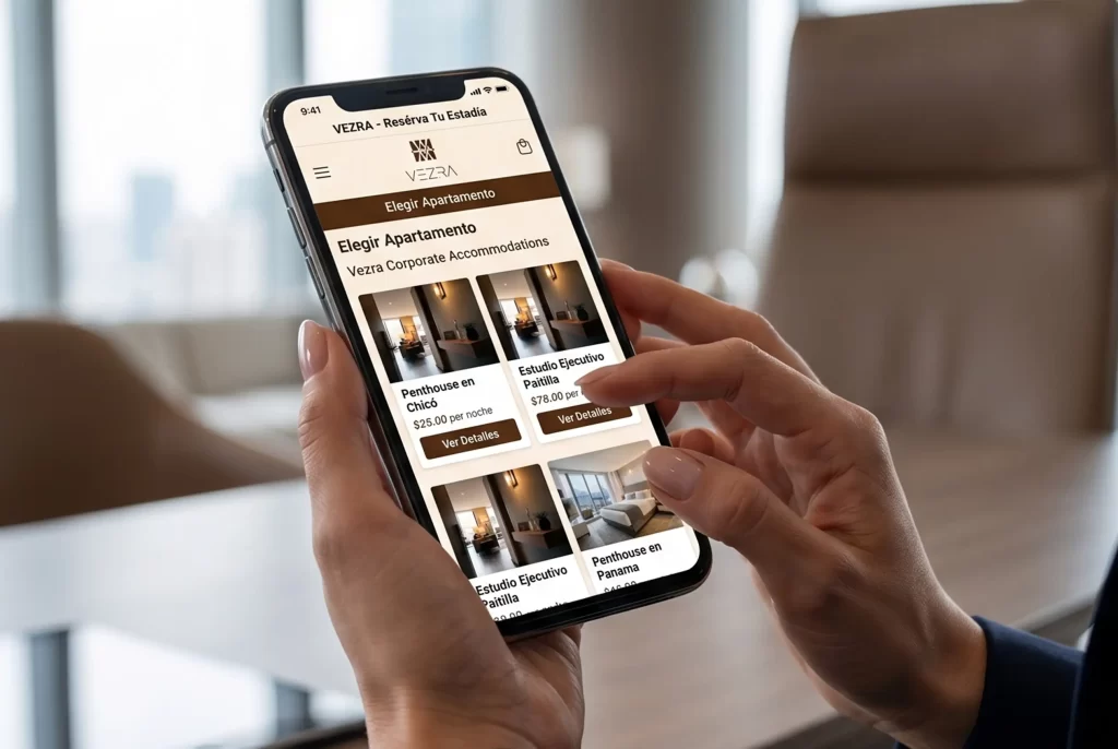 Mobile App of VEZRA with selection of apartments in Chicó and Panama, direct booking without intermediaries.