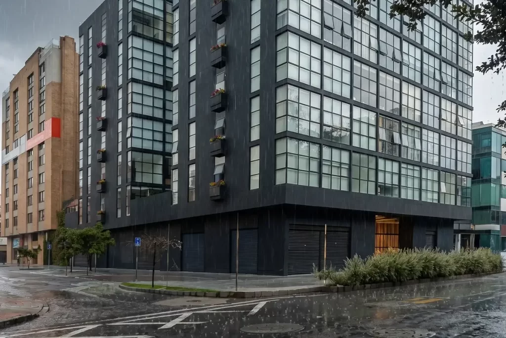 Edificio residencial moderno en Bogotá con calle mojada durante temporada de lluvias.
